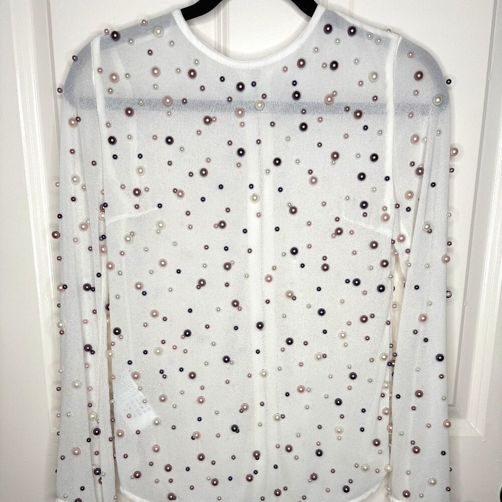 White Mesh Long Sleeve Top | Pearl Embellished | Zip Back